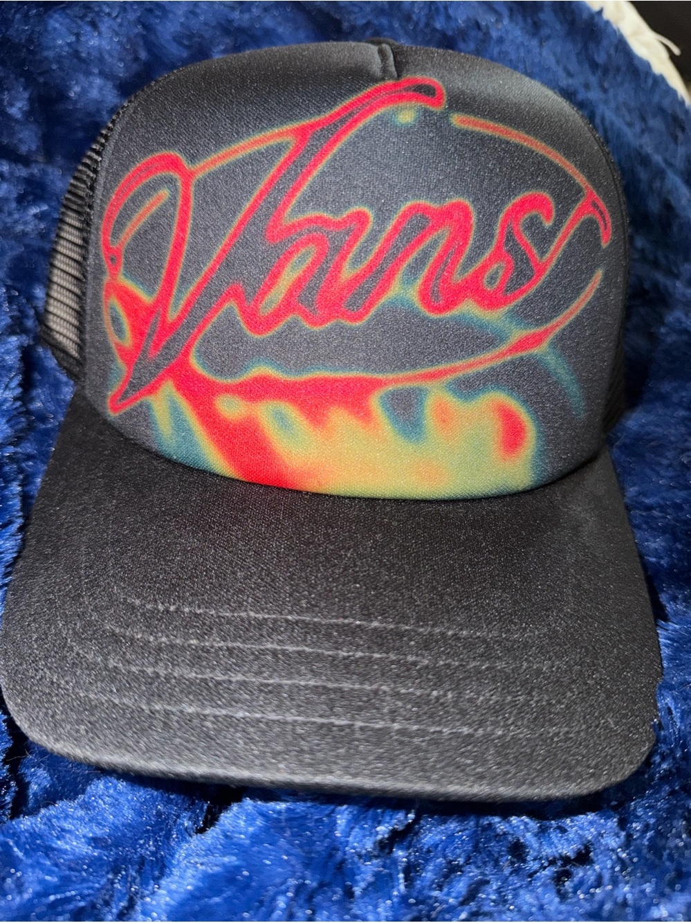 Vans Black Cap with Red and Multicolor Tie-Dye Logo trucker hat NWT